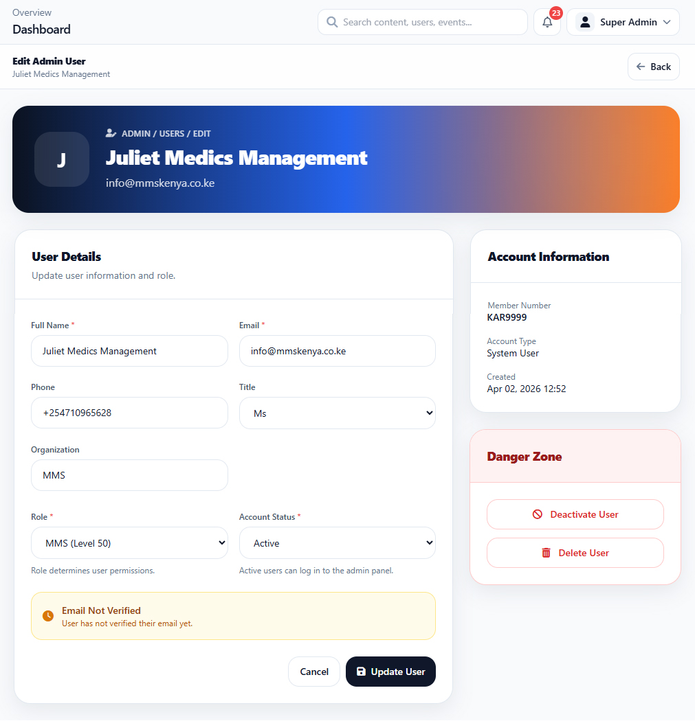 Users & Roles Edit Users interface